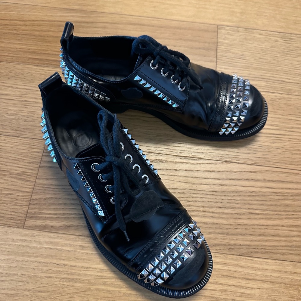 Loewe Black Distressed Leather Look Studded Oxfords Size 42